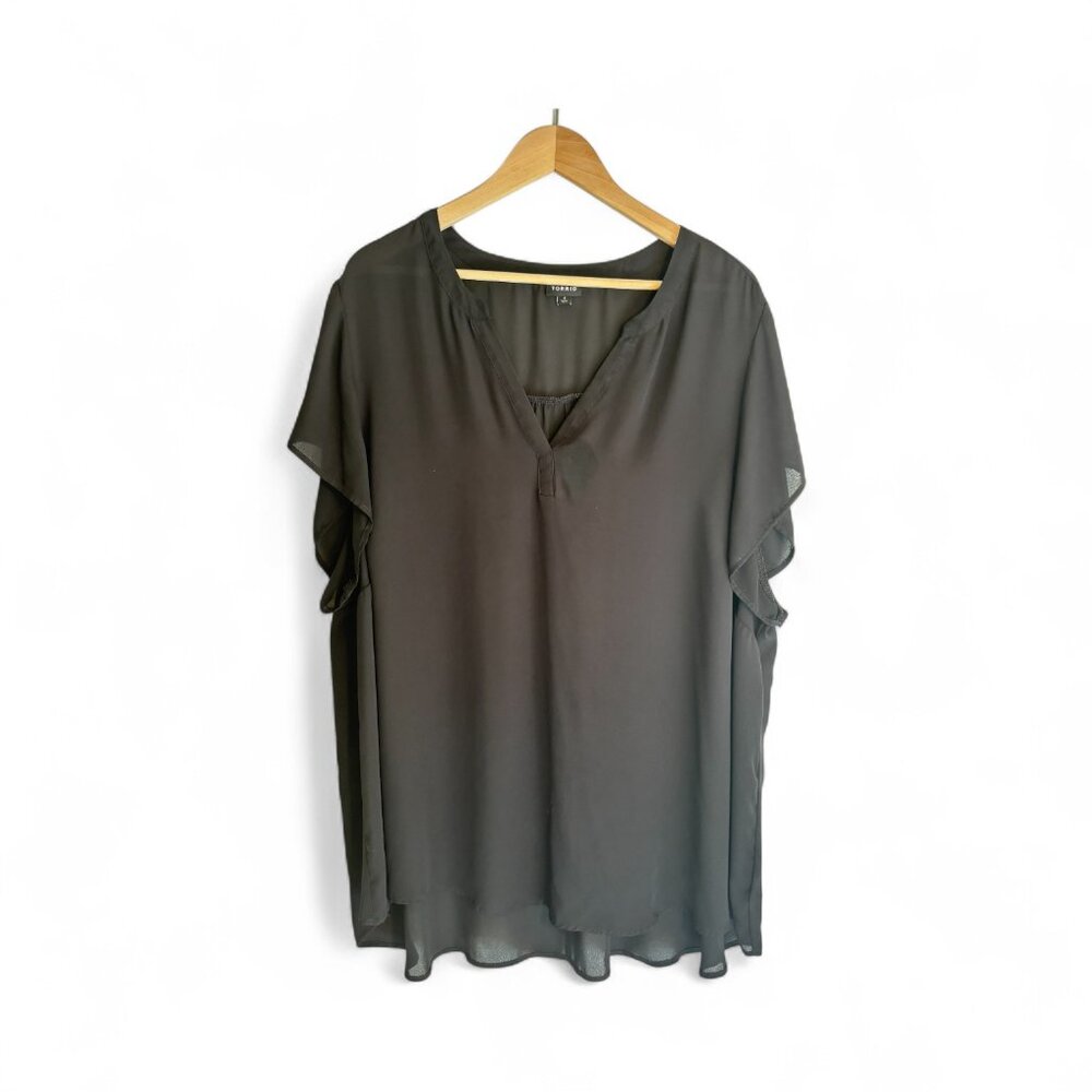 Torrid Black V Neck Blouse Size 4 Sheer Flutter Sleeves Flowy Layered Hem